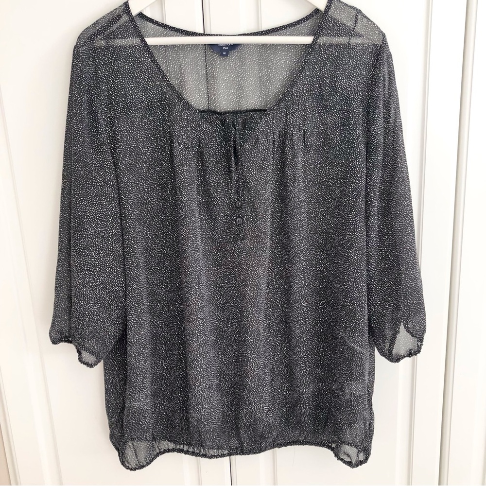 Reitmans 18 Sheer Black with White Polka Dots Cuffed Sleeves Relaxed Fit Blouse